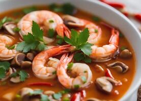 ai generiert Tom lecker Suppe mit Garnelen und Pilze, Nahansicht foto