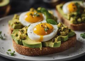 ai generiert Avocado Toast mit pochiert Eier und frisch Kräuter foto