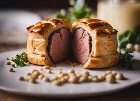 ai generiert Rindfleisch Wellington mit ein golden Gebäck Kruste, geschnitten zu verraten ein perfekt gekocht Filet foto