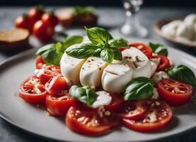ai generiert Caprese Salat mit Tomaten, Mozzarella Käse und Basilikum foto