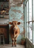 ai generiert Kuh steht im Bar im das Stadt von Amsterdam foto
