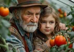 ai generiert alt Mann und jung Mädchen pflücken Tomaten zusammen im ein schön Garten foto