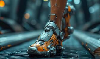 ai generiert futuristisch Roboter Beine Gehen auf Metall Förderer. Nahansicht ein Frau tragen ein Roboter Bein Das Spaziergänge auf ein Laufband foto