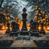 ai generiert Schach Tafel auf Teppich enthält Schach Stücke. ein fotografieren von ein Schach Tafel im das Vordergrund, mit ein schön zündete Weihnachten Baum im das Hintergrund. foto