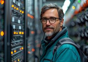 ai generiert Ingenieur Stehen im Server Zimmer. ein Mann tragen Brille steht im Vorderseite von ein Server. foto