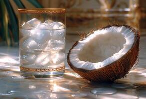 ai generiert ein Kokosnuss ist Schnitt im Hälfte. löschen Ihre Durst mit ein Glas von erfrischend Kokosnuss Wasser serviert Über Eis. foto