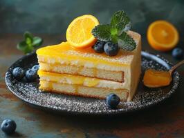 ai generiert ein schwarz Teller ist enthält ein Kuchen. ein verlockend Stück von Kuchen ruht auf ein Teller neben beschwingt Blaubeeren und erfrischend Orange Scheiben. foto