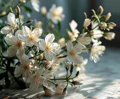 ai generiert Gaura Samen. ein atemberaubend Anordnung von Weiß Blumen schmückt ein Tisch, präsentieren Naturen elegant Anmut. foto
