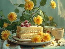 ai generiert ein Teller mit ein Kuchen Tassen. ein lecker Stück von Kuchen freundlicherweise ruht auf oben von ein Weiß Platte. foto