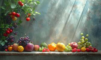 ai generiert Gemälde von Obst auf Fenster Schwelle, ein immer noch Leben Darstellung von bunt Früchte auf ein sonnendurchflutet Leiste foto