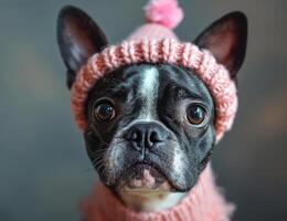 ai generiert schwarz und Weiß Hund mit Rosa Hut und Pullover. ein bezaubernd schwarz und Weiß Hund suchen stilvoll mit ein Rosa Hut und Pullover. foto