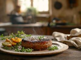 ai generiert ein Teller von Steak hat gewesen einstellen auf ein hölzern Tabelle im ein Küche mit Eintauchen Saucen, frisch Gemüse Salat, Zwiebeln und Pfeffer, generativ, ai foto