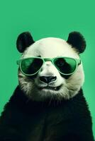 ai generiert Porträt von ein Panda im Sonnenbrille auf ein Grün Hintergrund. Sommer- Konzept. ai generiert foto