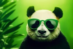 ai generiert Porträt von ein Panda im Sonnenbrille auf ein Grün Hintergrund. Sommer- Konzept. ai generiert foto