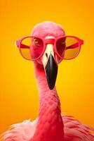 ai generiert Porträt von ein Rosa Flamingo im Sonnenbrille auf ein Gelb Hintergrund. Studio Schießen. ai generiert foto