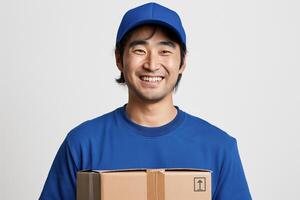 ai generiert asiatisch Lieferung Mann halten Karton Kisten mit Paket während tragen Uniformen und ein Deckel isoliert auf Weiß Hintergrund, generativ ai foto