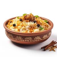 ai generiert hyderabadi Biryani auf ein Lehm Teller auf ein Weiß Hintergrund, foto