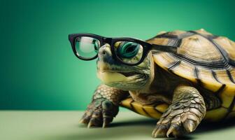 ai generiert süß wenig Grün Schildkröte mit Brille. ein klein Schildkröte tragen Brille auf oben von ein Tabelle foto