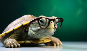 ai generiert süß wenig Grün Schildkröte mit Brille. ein klein Schildkröte tragen Brille auf es ist Kopf foto