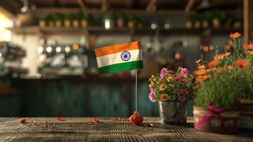 ai generiert patriotisch Anzeige mit indisch Flagge und beschwingt Blumen foto