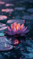 ai generiert glühend Rosa Lotus Blume Kerze auf still Teich foto