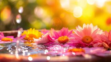 ai generiert schwebend Gerbera Blumen aalen im sonnendurchflutet Wasser Schüssel foto