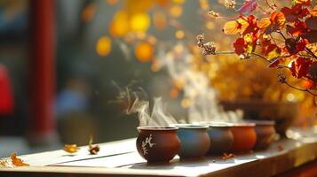 ai generiert warm Herbst Tee Bedienung auf hölzern Tabelle draußen foto