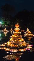 ai generiert elegant Lotus Laternen schmücken das Nacht Wasserweg foto
