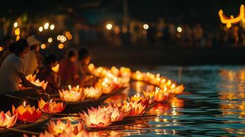 ai generiert Reihe von Lotus Laternen auf ein kulturell Fluss Parade foto