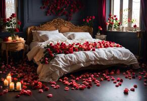 ai generiert modern dunkel Schlafzimmer mit Valentinstag Atmosphäre mit Rosen und Herz Luftballons foto