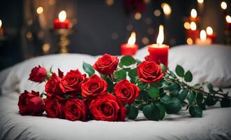 ai generiert modern dunkel Schlafzimmer mit Valentinstag Atmosphäre mit Rosen und Herz Luftballons foto