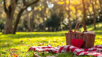 ai generiert Feier Stil von Valentinstag Tag Picknick im Grün Garten foto