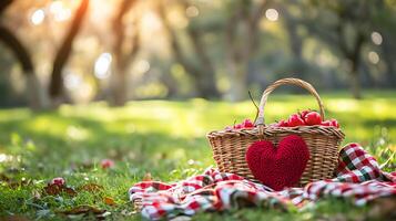 ai generiert Feier Stil von Valentinstag Tag Picknick im Grün Garten foto