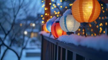 ai generiert bunt Laternen Licht oben ein schneebedeckt Abend foto