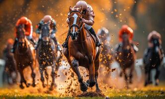 ai generiert Rennen Pferde mit Jockeys auf das Zuhause gerade. Pferde Rennen hd Tapeten hd Pferde Rennen Tapeten foto