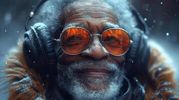 ai generiert Senior Mann hört zu zu Musik- auf Kopfhörer während tragen Orange getönt Brille und Pelz gefüttert Mantel im das Schnee. foto