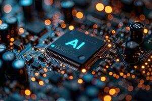 ai generiert Mikrochip mit ai Logo Text bestrahlen Impuls von Blau Energie zu andere Schaltungen künstlich Intelligenz Schaltkreis Linie Stil. Maschine Lernen Design. Clever Netzwerk Digital Technologie. ai. foto