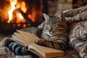 ai generiert Katze lesen durch das Kamin Bild ein anspruchsvoll Katze zusammengerollt oben durch das Kamin, vertieft im ein winzig Buch, Anzeigen ein raffiniert Geschmack zum Literatur im ein gemütlich Zuhause Rahmen foto