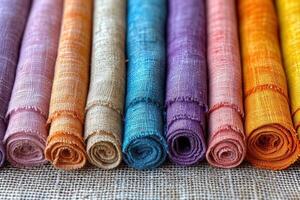 ai generiert Stoff Textil- von nostalgisch Farbe Paletten von das Frühling und Sommer- 2024 Feier von das positiv Leistung von beschwingt Farbe Pastell- Regenbogen von lila, chambray Blau, verbrannt orange, und Sonnenschein Gelb foto