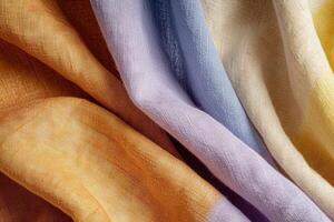 ai generiert Stoff Textil- von nostalgisch Farbe Paletten von das Frühling und Sommer- 2024 Feier von das positiv Leistung von beschwingt Farbe Pastell- Regenbogen von lila, chambray Blau, verbrannt orange, und Sonnenschein Gelb foto