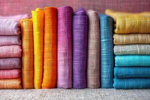 ai generiert Stoff Textil- von nostalgisch Farbe Paletten von das Frühling und Sommer- 2024 Feier von das positiv Leistung von beschwingt Farbe Pastell- Regenbogen von lila, chambray Blau, verbrannt orange, und Sonnenschein Gelb foto