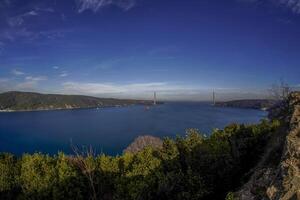 Antenne Aussicht von Festung Ruinen von Yoros Schloss, Yoros Kalesi, oder genuesisch Schloss, ein uralt byzantinisch Schloss beim das Zusammenfluss von Bosporus und schwarz Meer im anadolu Kavagi, Istanbul, Truthahn foto