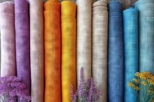 ai generiert Stoff Textil- von nostalgisch Farbe Paletten von das Frühling und Sommer- 2024 Feier von das positiv Leistung von beschwingt Farbe Pastell- Regenbogen von lila, chambray Blau, verbrannt orange, und Sonnenschein Gelb foto