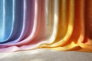 ai generiert Stoff Textil- von nostalgisch Farbe Paletten von das Frühling und Sommer- 2024 Feier von das positiv Leistung von beschwingt Farbe Pastell- Regenbogen von lila, chambray Blau, verbrannt orange, und Sonnenschein Gelb foto