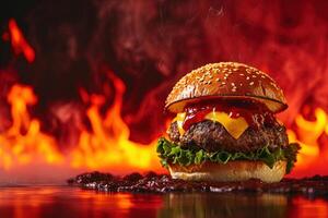 ai generiert Teufel gestalten Hamburger im ein Hölle im Flamme Hintergrund foto