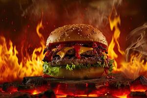 ai generiert Teufel gestalten Hamburger im ein Hölle im Flamme Hintergrund foto