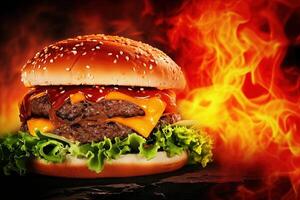 ai generiert dämonisch Cheesburger Hölle im Flamme Hintergrund foto