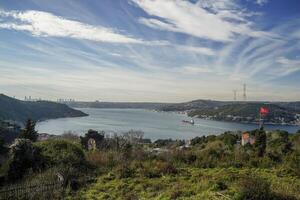 Antenne Aussicht von Festung Ruinen von Yoros Schloss, Yoros Kalesi, oder genuesisch Schloss, ein uralt byzantinisch Schloss beim das Zusammenfluss von Bosporus und schwarz Meer im anadolu Kavagi, Istanbul, Truthahn foto