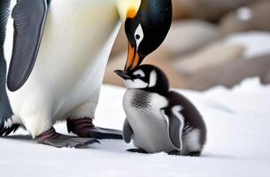 ai generiert Mutter Tag, Welt Pinguin Tag, Mama und wenig Pinguin, Königreich von Eis und Schnee, weit Norden, schneebedeckt Küste, Eisberg im das Ozean, eisig sonnig Tag, Umarmung foto