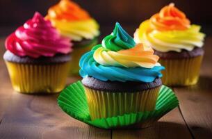 ai generiert st. Patrick's Tag, traditionell irisch Gebäck, National irisch Küche, Regenbogen Cupcakes dekoriert mit bunt Creme, hausgemacht Nachtisch, Symbol von das lgbt Stolz Gemeinschaft foto